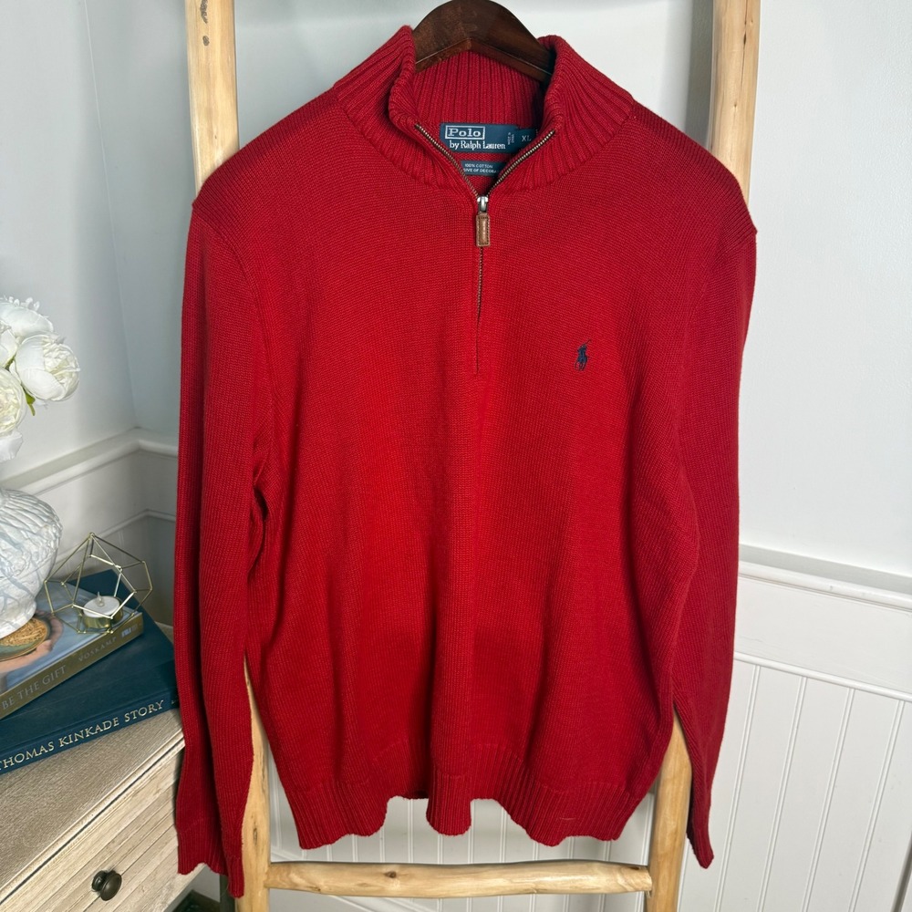 Polo Ralph Lauren Red 100% Cotton Quarter Zip Sweater Mens XL Navy Pony Logo